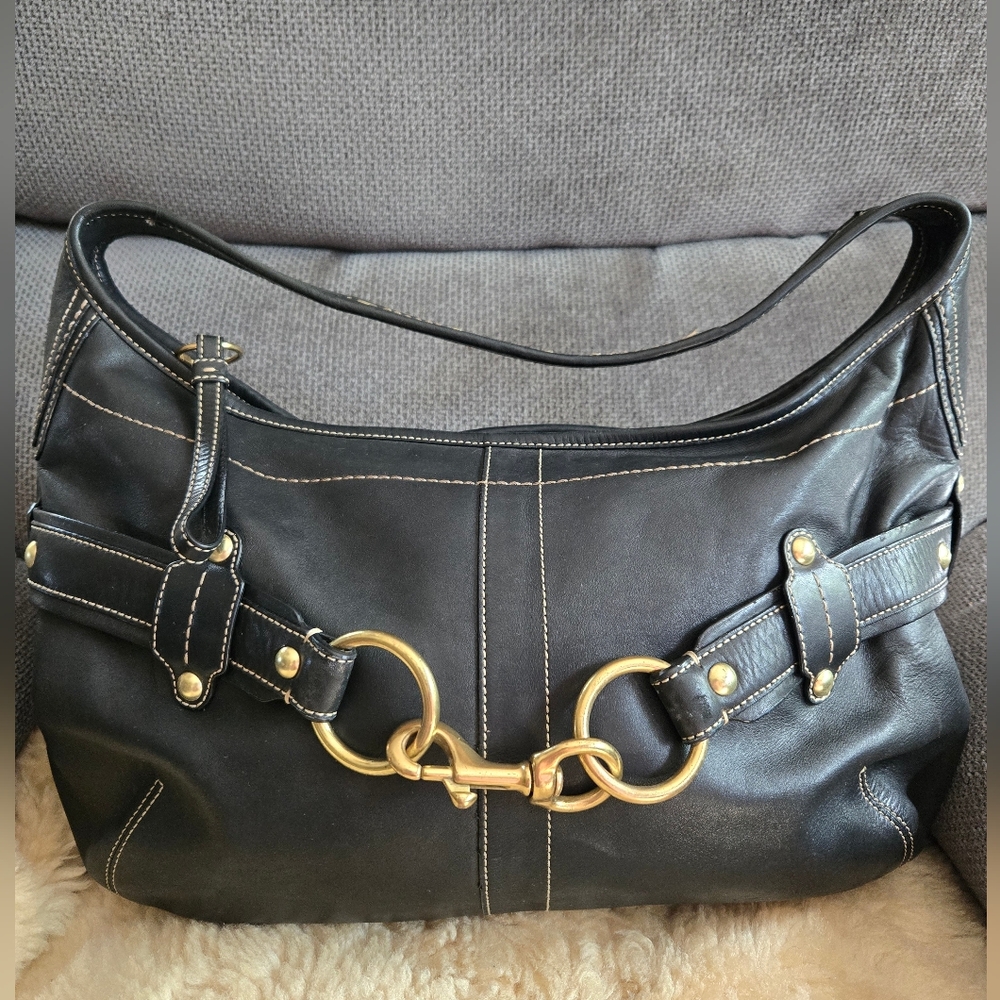 COACH 11262 Black Leather Belted Hobo Purse Handbag X-large